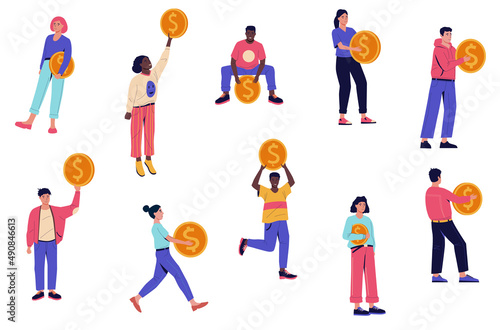 People with coins. Characters holding golden dollars. Men or women carrying money. Finance savings and investments. Persons in various poses set. Vector concept of financial independence