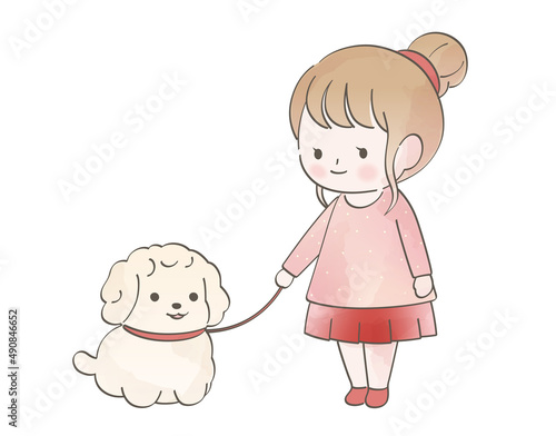 女の子と愛犬の水彩風イラスト