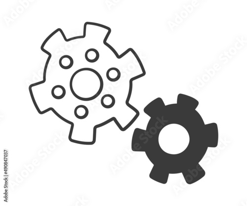 Gears wheel icon in doodle style. Children drawing. Hand drawn vector illustration isolated on white background.