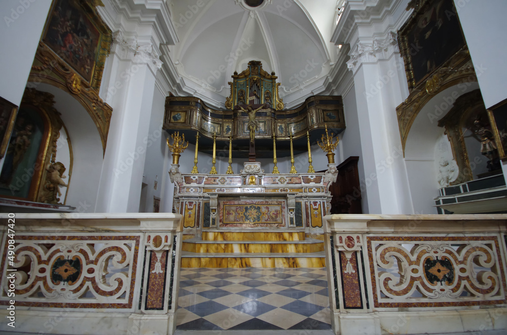 Larino - Molise - Monumental Church of San Francesco, the interior with the main altar, the niches with the saints and the frescoes