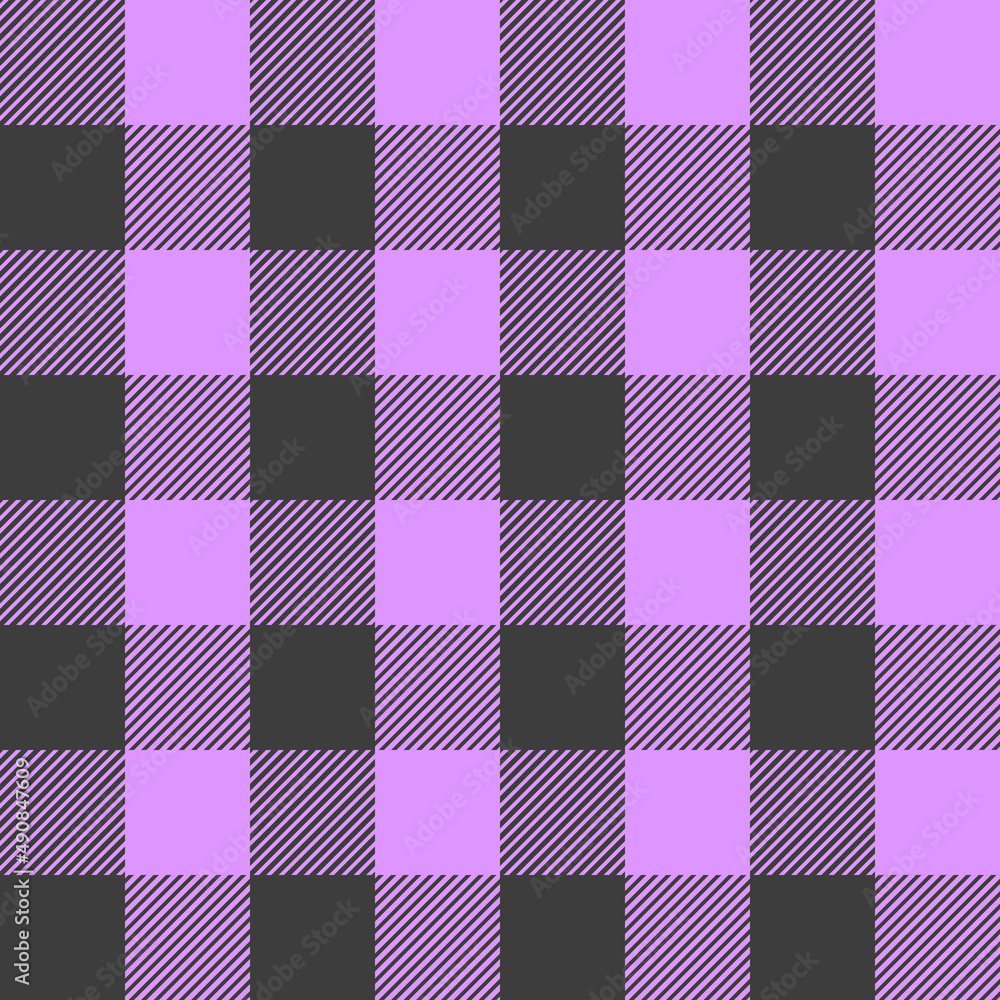 Violet and black Scotland textile seamless pattern. Fabric texture check tartan plaid. Abstract geometric background for cloth, card, fabric. Monochrome repeating design. Modern squared ornament