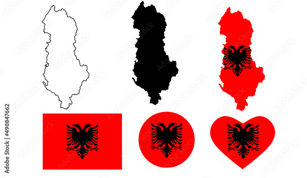 albania map flag icon set - obrazy, fototapety, plakaty 