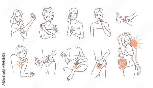 Sunscreen cream. Cartoon girl applying lotion on body hands and face. Summer sun protection. Beauty care. Sunblock cosmetic moisturizer. SPF products. Vector outline female figures set