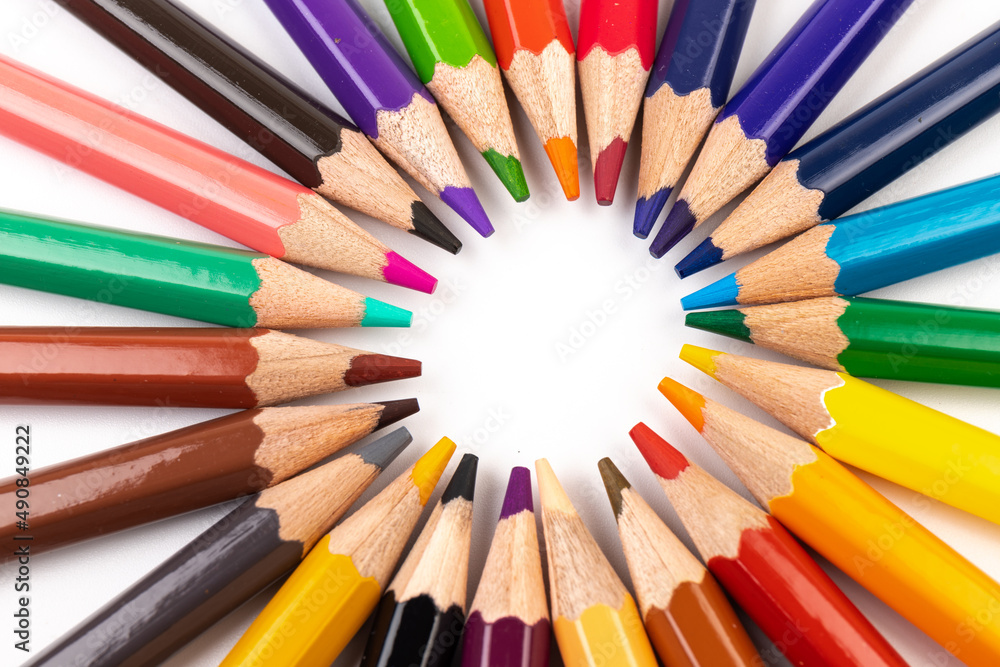 Fototapeta premium Many multicolored pencils, isolated on white background with copy space. Art and education background.