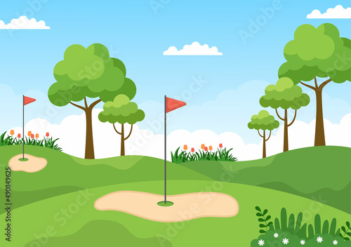 Playing Golf Sport with Flags, Sand Ground, Sand Bunker and Equipment on Outdoors Yard Green Plants in Flat Cartoon Background Illustration