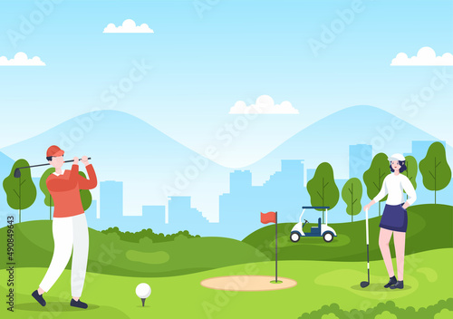 Playing Golf Sport with Flags, Sand Ground, Sand Bunker and Equipment on Outdoors Yard Green Plants in Flat Cartoon Background Illustration