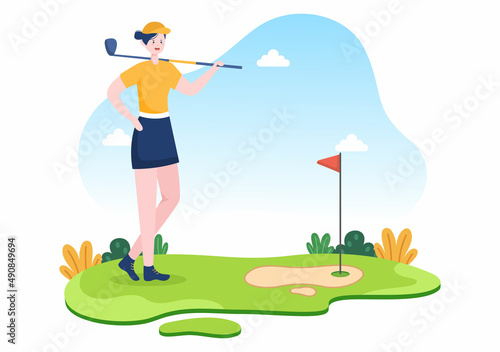 Playing Golf Sport with Flags, Sand Ground, Sand Bunker and Equipment on Outdoors Yard Green Plants in Flat Cartoon Background Illustration