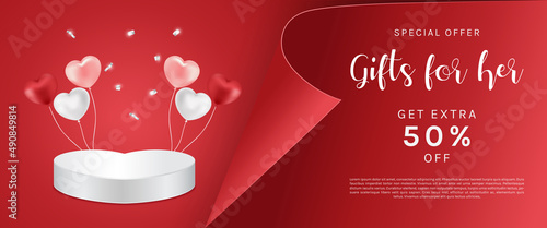 Valentine's day heart podium with balloon and red paper curve. Canbe used for flyers,invitation,brochure,banners. Vector illustration.