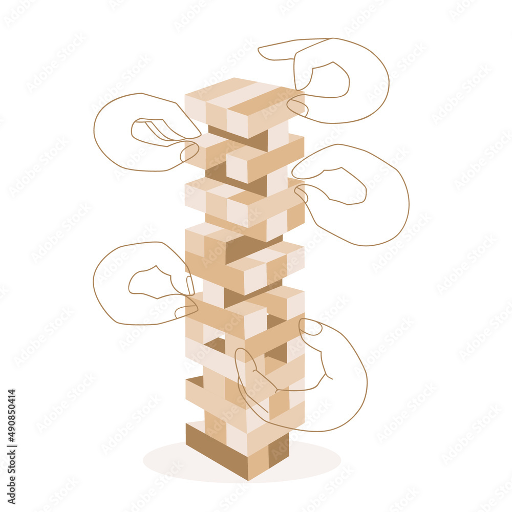 Jenga game. Wooden cubes block puzzle. Brick element tower with players  hands. Sketch vector illustration Stock Vector | Adobe Stock