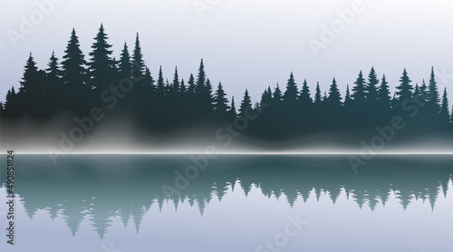 Vector green dark forest background texture, silhouette of coniferous forest, vector. Season trees by the lake, reflection in the water spruce, fir. Horizontal landscape.	