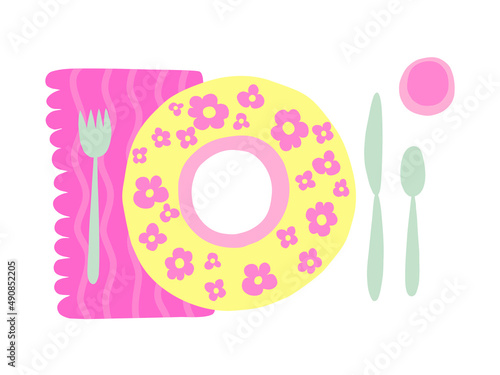 Vector table appointments illustration. Table napkin, plate and cultery clip art