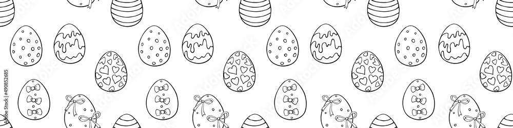 Vector seamless pattern with outline Easter eggs. Spring hand drawn doodle, holiday backgrounds and textures with decorative elements