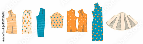 A set of patterns for a tailor dress, blouse, trousers. Illustrations on the theme of cutting and sewing. Vector illustration © Наталья Трубочнова