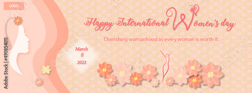 happy international women's day, 8 march 2022, Facebook cover, template, Linkedin, Twitter,  peach background with flowers, confetti and woman's silhouette, vector,  resizeable photo