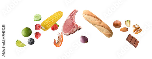 
food grocery basket,food choice buy in supermarket,food ingredient float  photo