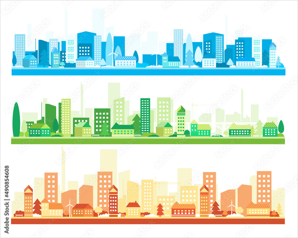 Three vector posters with city views. Modern cities with skyscrapers, houses and mountains. Panoramic view.