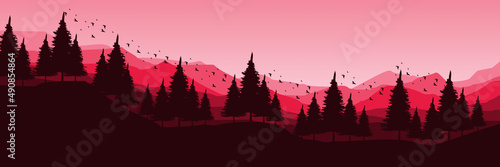 sunrise at mountain with pine tree silhouette flat design vector banner template good for web banner, ads banner, tourism banner, wallpaper, background template, and adventure design backdrop
