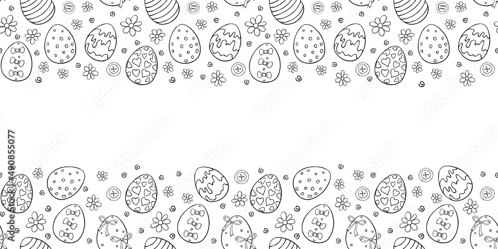 Vector frame, borders with outline ornamental easter eggs, flowers. Horizontal top and bottom edging, background, decoration for greeting card, holiday decor, coloring Vector frame, borders with outline ornamental easter eggs, flowers. Horizontal top and bottom edging, background, decoration for greeting card, holiday decor, coloring