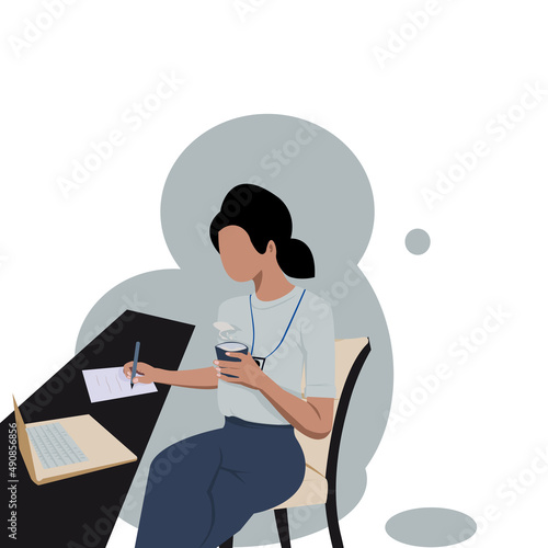 Young office girl wearing high heels blue skirt light gray long sleeve shirt sitting on chair and drinking .Vector isolate flat design of Business woman lady entrepreneur working on laptop computer.