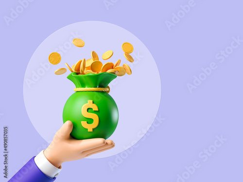 Businessman hand holding green money bag with golden coins. Concept of attraction coins. Financial metaphor, revealing the concept of cashback and making money. 3d render photo