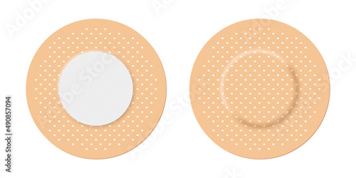 Adhesive bandage set of round shape, 3d realistic circle band aid, back and front view
