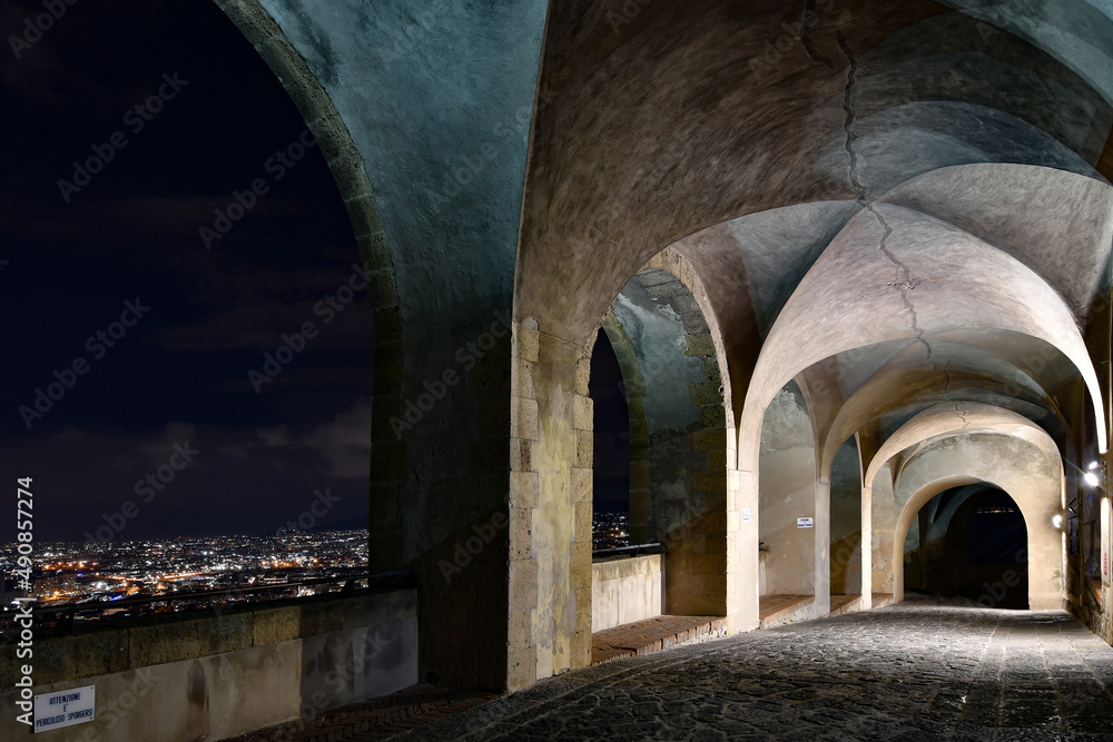 A passage under the arches of Castel Sant'Elmo, an ancient castle in Naples in Italy.