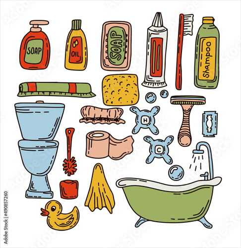 Bath doodle vector illustration. Hand draw set of home bathroom hygiene accessories. Sketch icons for hotels, plumbing and cosmetics stores