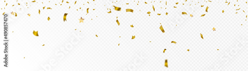 Gold confetti falls. confetti, streamer, tinsel on a transparent background for design and congratulations.Vector	