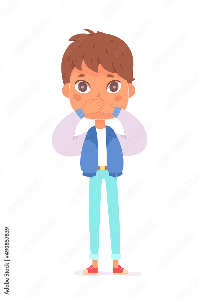 Cute boy covering mouth with hands for silence, wise child with funny secret expression Cute boy covering mouth with hands for silence, wise child with funny secret expression