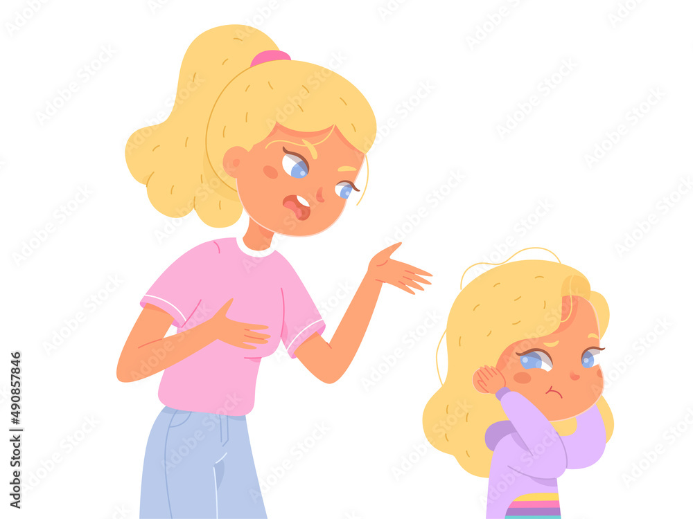 Angry mother scolding sad kid, furious woman and girl standing together for anger dialog Angry mother scolding sad kid, furious woman and girl standing together for anger dialog