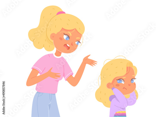Angry mother scolding sad kid, furious woman and girl standing together for anger dialog