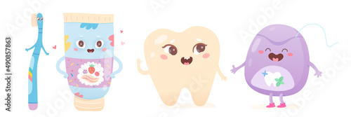 Cute floss, toothbrush and toothpaste to clean tooth, kawaii dental product and equipment