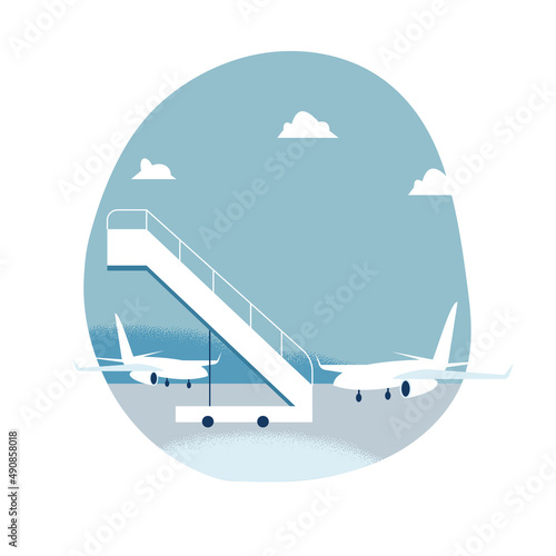 Gangway truck, airport ground support and boarding airplanes, stairs to door of plane
