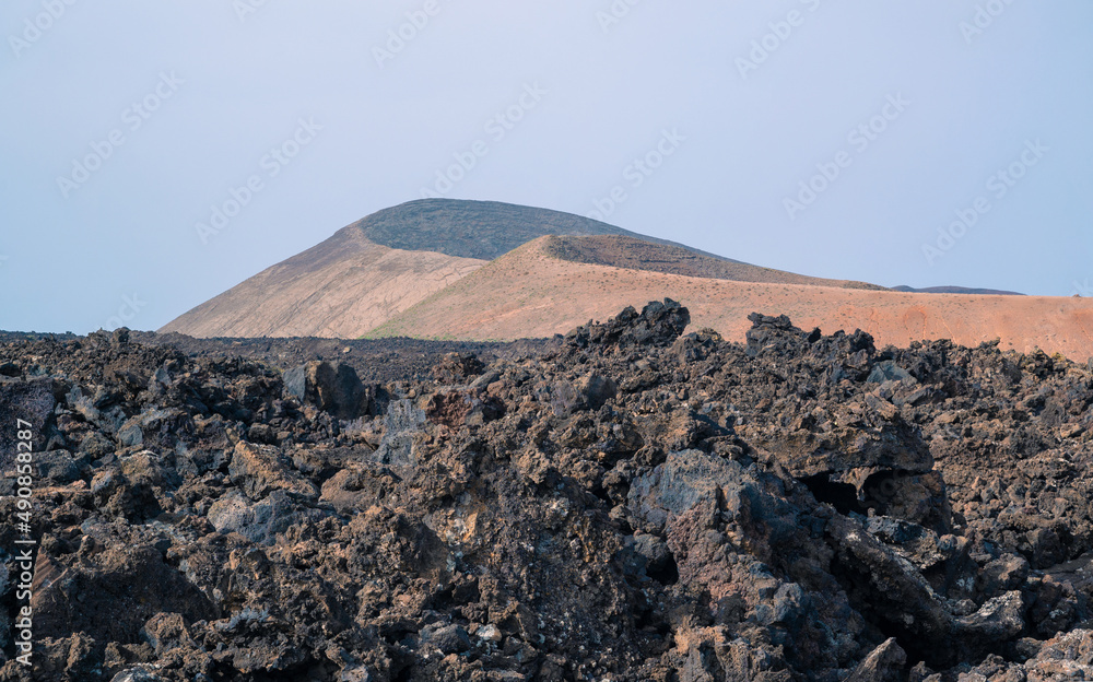 Caldera Blanca volcano seen from the lava, Timanfaya, Canary Islands, Lanzarote, Spain