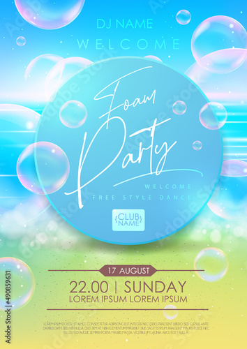 Disco summer foam party poster.  Soap foam with soap rainbow bubbles. Vector illustration