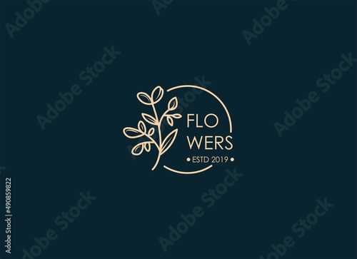 Botanica vector logo. Bio cosmetics emblem. Organic product sign. Leaf and flowers illustration