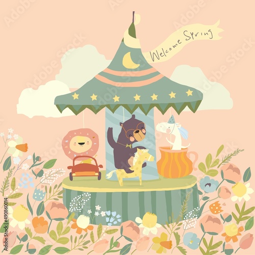 Cute Cartoon Animals on a Merry go Round in a Flower Meadow
