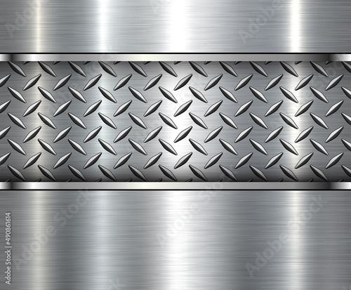 Silver brushed metal texture with diamond metallic pattern, 3D lustrous and shiny polished steel plate vector illustration.