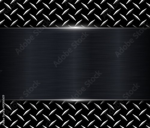 Black brushed metal texture with diamond metallic pattern, 3D steel plate technology vector illustration.