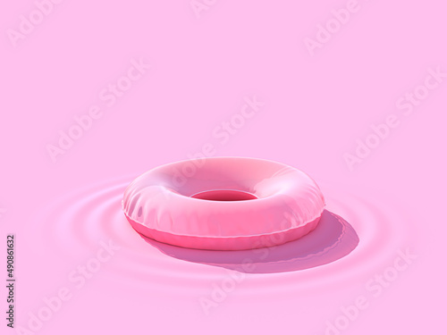 Inflatable circle on a pink pastel background. Summer vacation concept. Minimal abstract wallpaper concept. Velvet season. Flat lay. 3d render