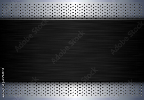 Silver Black metallic background, brushed metal banner on perforated pattern back, 3D dark plate texture vector illustration.
