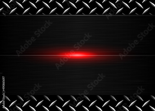 Black metallic background, brushed metal banner on diamond plate texture, 3D dark pattern design with red glowing light, vector illustration.