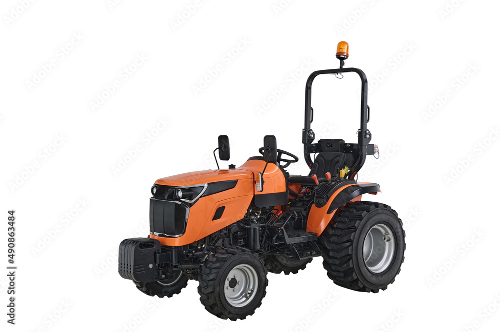 New orange agricultural tractor isolated on white background with clipping path
