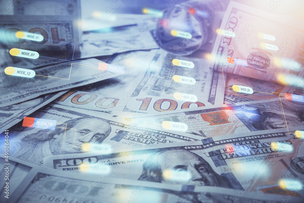 Double exposure of data theme drawing over us dollars bill background. Technology concept. Double exposure of data theme drawing over us dollars bill background. Technology concept.
