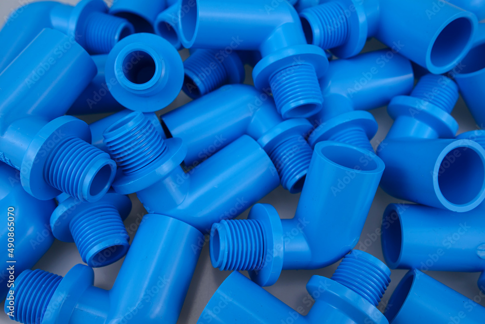 Blue PVC pipe set, separate on a white background, blue plastic water pipe,  PVC accessories for