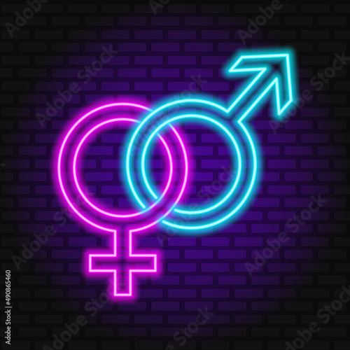 Gender symbols. Couple man and woman. Neon sign of heterosexuality. Eps10 vector illustration with place for your text.