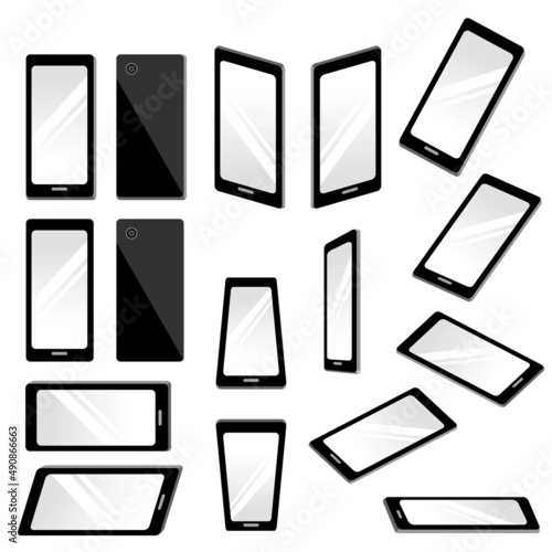 イラスト素材:携帯電話、スマートフォン、モバイルの色々な角度のセット/主線なしの画面に光の反射あり
