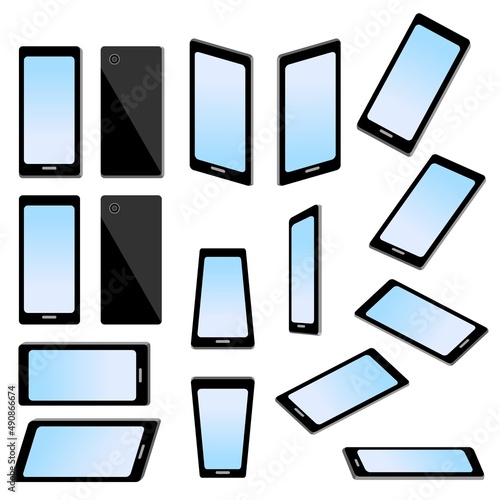 イラスト素材:携帯電話、スマートフォン、モバイルの色々な角度のセット/主線なしの画面にブルーのグラデ

