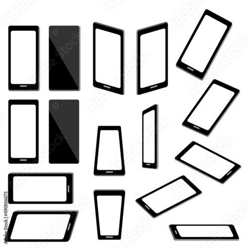 イラスト素材:携帯電話、スマートフォン、モバイルの色々な角度のセット/主線なしで画面は白抜き
