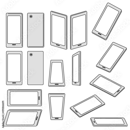イラスト素材:携帯電話、スマートフォン、モバイルの色々な角度のセット/主線ありのグレー
